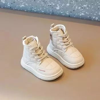 Детская обувь, ботинки для девочек 2024 года, зимние универсальные детские хлопковые ботинки по щиколотку, модные однотонные повседневные теплые плюшевые ботинки для мальчиков 21 чёрный