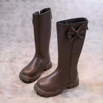 Детская обувь, ботинки для девочек, милые шикарные сапоги принцессы с бантом, модные универсальные нескользящие детские повседневные кожаные сапоги до середины икры 27 коричневый