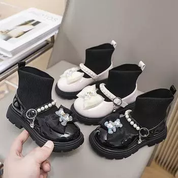 Детская обувь, ботинки для девочек, зимние ботильоны принцессы, универсальные, милые, с бантом, детские модные, повседневные, носки, ботинки с толстой подошвой 26 чёрный