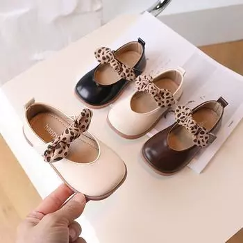 Детская обувь для девочек Мэри Джейн Леопардовые туфли принцессы с бантом Весна Новые квадратные кожаные туфли Zapatos Para NiA 21-insole13cm чёрный