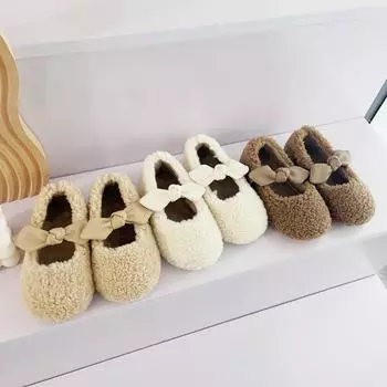 Детская обувь для девочек с бантом, теплая плюшевая обувь на мягкой подошве, детская школьная обувь 23