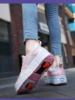 Детская обувь для катания на роликовых коньках с двумя колесами: Кроссовки-трансформеры для бега и катания на коньках для мальчиков и девочек Size 30, 19cm розовый