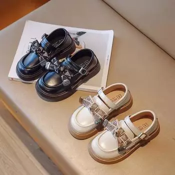 Детская обувь для маленьких девочек, элегантная британская винтажная обувь на плоской подошве из искусственной кожи с бантом для маленьких девочек, детская повседневная одинарная обувь 24