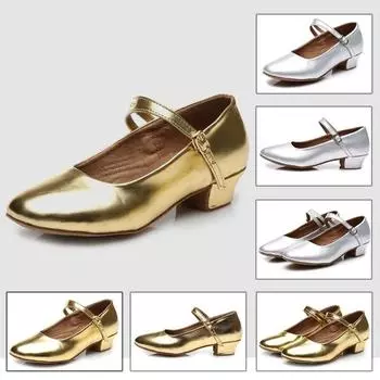 Детская обувь для современных танцев, обувь для девочек и женщин на низком каблуке с закрытым носком, современная нескользящая танцевальная обувь для джаза в латиноамериканском стиле 30 золотой