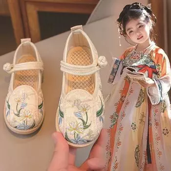 Детская обувь ханьфу, новые весенние и осенние туфли с вышивкой, детская обувь принцессы, старинная обувь, обувь ханьфу, тканевая обувь 26 бежевый