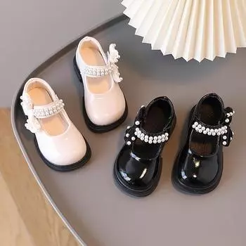 Детская обувь из искусственной кожи, элегантная британская обувь в стиле ретро с бантом и жемчугом, праздничная обувь принцессы, детская обувь на плоской подошве для девочек 28