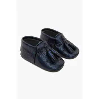 Детская обувь из натуральной кожи с кисточками темно-синего цвета