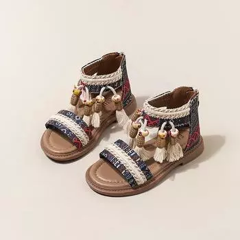 Детская обувь Летние сандалии для девочек с бантом, нескользящая мягкая подошва, универсальные однотонные корейские детские милые туфли принцессы, пляжные сандалии, модные сандалии для девочек 27 чёрный