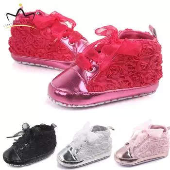 Детская обувь на мягкой подошве с милым розовым цветочным принтом и бантом, обувь принцессы для маленьких девочек, кроссовки, обувь для малышей, обувь для новорожденных Prewalker 7-12 Months розовый