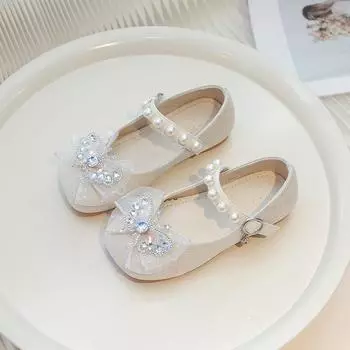 Детская обувь на плоской подошве, кружевная, с бантом, милая, кожаная обувь для девочек, бабочка, круглый носок, новая модная детская обувь принцессы 2025, трендовая 23 бежевый