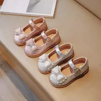 Детская обувь, обувь принцессы для девочек, кожаная танцевальная обувь со стразами и бантом, повседневная обувь на плоской подошве для маленьких девочек 23