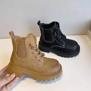 Детская обувь Осенние и зимние детские ботинки Martin Кожаные ботинки из коровьей кожи Kick Not Rotten Маленькие желтые ботинки для мальчиков и девочек Повседневные ботинки 26