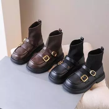 Детская обувь, осенние новые детские эластичные носки, ботинки, корейская версия модных женских кожаных ботинок принцессы, детские ботинки на мягкой подошве 27