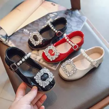 Детская обувь принцессы, новые весенне-осенние туфли для девочек, одинарные туфли с бриллиантами и жемчугом, детские черные кожаные туфли в стиле ретро 26 чёрный