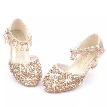 Детская обувь принцессы, весенне-осенняя обувь для выступлений на высоком каблуке с кристаллами для девочек 38 золотой