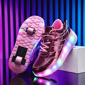Детская обувь Runaway Shoes для подростков, роликовые коньки с двумя колесами, легкие коньки для зарядки, летающие роликовые коньки, спортивная обувь на колесах 27