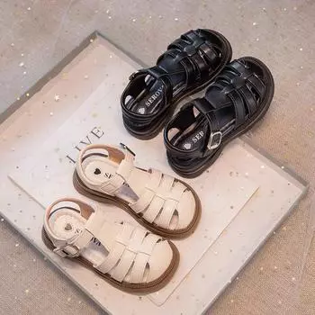 Детская обувь с ажурным плетением для мальчиков и девочек в римском стиле, нескользящая модная детская обувь с открытым носком, однотонная 23 бежевый