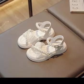Детская обувь, сандалии для девочек, летняя мода, туфли-принцессы на плоской подошве с открытым носком, студенческие пляжные туфли для маленьких девочек 26 белый