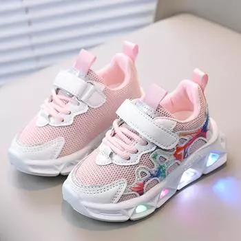 Детская обувь со светодиодной подсветкой, детские светящиеся кроссовки для бега с подсветкой для мальчиков, детские кроссовки из дышащей сетки 21 розовый