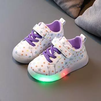 Детская обувь со светодиодной подсветкой, светящаяся детская повседневная обувь, модная обувь из искусственной кожи с принтом для девочек, нескользящие кроссовки на мягкой подошве, милые туфли для доски 21 белый