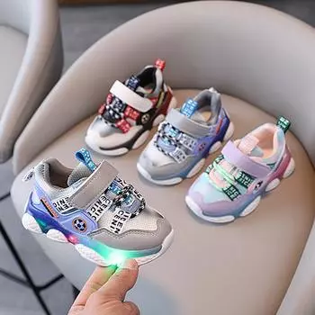 Детская обувь со светодиодной подсветкой, светящиеся кроссовки для мальчиков, повседневная обувь с дышащей сеткой для девочек, детские кроссовки со светящейся мягкой подошвой 21 розовый