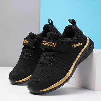 Детская обувь, спортивная обувь для бега, дышащая сетка для мальчиков, дышащая повседневная обувь для девочек 28 чёрный/золотой