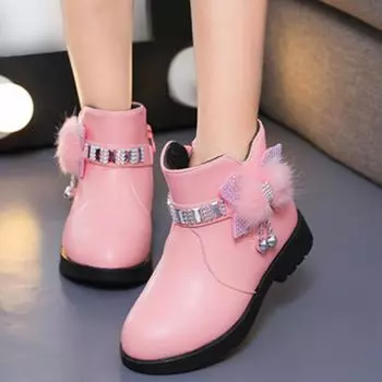 Детская обувь, теплые кожаные сапоги средней длины для девочек, милые хлопковые туфли с детским бантом, плюшевые зимние новые студенческие две хлопковые сапоги Botines 21 фиолетовый