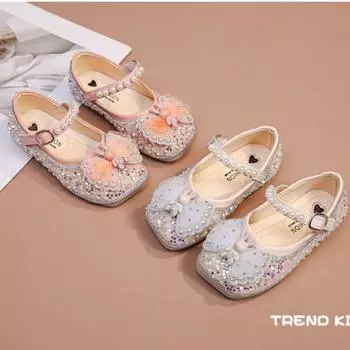 Детская обувь, туфли принцессы для девочек, повседневные туфли с бантом, кожаные туфли с блестками, туфли Мэри Джейн на мягкой подошве, модные танцевальные туфли со стразами 23-insole14cm покинуть белый