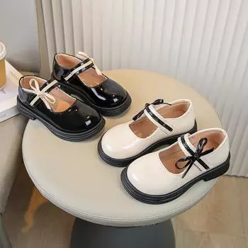 Детская обувь весна и осень новая корейская версия Bow Girl Princess Shoes студенческие туфли маленькие черные кожаные туфли Tide 26 чёрный