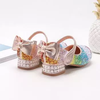 Детская обувь Zapatos, радужная обувь принцессы для девочек, детские туфли Мэри Джейн с кристаллами, туфли-бабочки на плоской подошве из кожи, элегантные туфли с пайетками на высоком каблуке 26-insole17CM розовый
