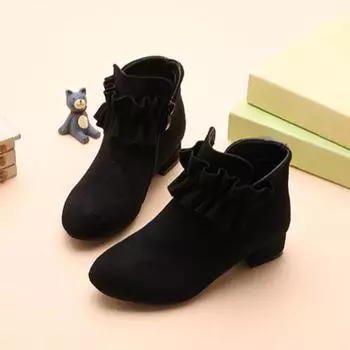Детская обувь, женские ботинки, осень и зима, высокий каблук, корейская версия, принцесса, одинарные ботинки, детские замшевые короткие ботинки 27 чёрный