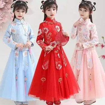 Детская одежда, 1 комплект, платье Cheongsam для девочек, современный стиль, мягкий удобный костюм из смеси хлопка, осенний костюм 140cm синий