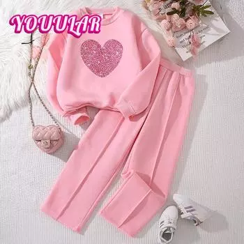 Детская одежда 2024 года, новые женские осенне-зимние спортивные брюки с длинным рукавом, повседневный костюм из двух частей для девочек 10Y розовый