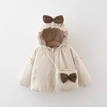 Детская одежда 2024 Новое хлопковое пальто для девочек Зимнее пальто для младенцев и девочек Зимнее однотонное хлопковое пальто с бантом 80cm белый