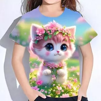 Детская одежда 3D-принт Kawaii Cat Pattern Футболки с коротким рукавом Топы 2024 Детская одежда Одежда для девочек и мальчиков от 2 до 8 лет 100