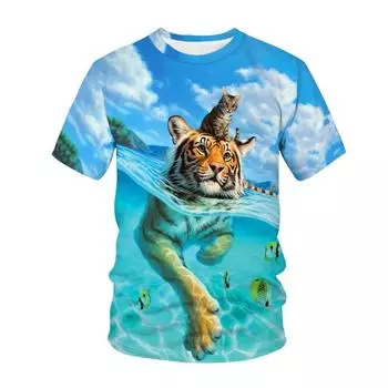 Детская одежда 3D тигровый принт летний детский топ с круглым вырезом детская футболка футболки с животными для мальчиков детская одежда из полиэстера 100
