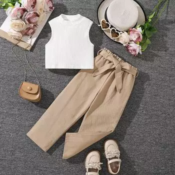 Детская одежда 4-9 лет, детский костюм для детей среднего и старшего возраста, летний трикотажный топ без рукавов для девочек + повседневные брюки, комплект из двух предметов 100cm/4Y коричневый