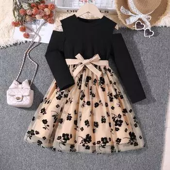 Детская одежда 7-14 лет Юбка для девочек и детей среднего возраста Осенне-зимнее сетчатое вышитое платье с открытыми плечами 7-8Y чёрный