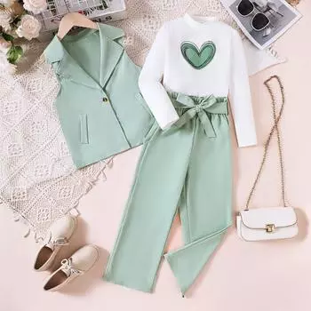 Детская одежда 7-14 лет, новый детский комплект из 3 предметов для девочек, осень-зима, топ + жилет + брюки 7-8Y зелёный