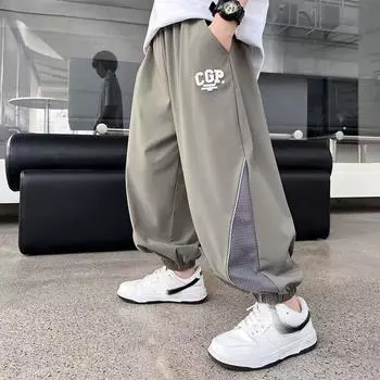 Детская одежда, брюки из ледяного шелка для мальчиков, новые детские весенне-осенние модели среднего и большого размера, спортивные брюки, брюки для мальчиков 120 чёрный