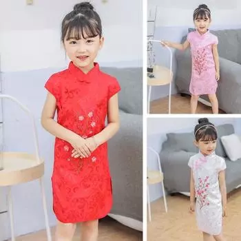 Детская одежда, Cheongsam для девочек, стильный вышитый цветок сливы, мягкий удобный материал из смеси хлопка, детский Cheongsam 100cm белый