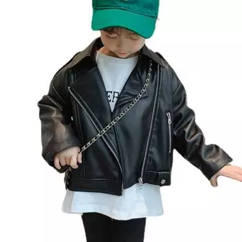 Детская одежда, детская кожаная куртка с лацканами для мальчиков и девочек на весну и осень 90 чёрный