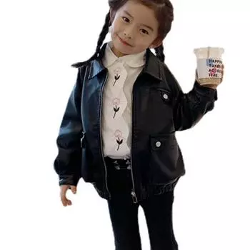 Детская одежда, детская кожаная куртка, весенне-осенняя куртка с лацканами для девочек 90 чёрный