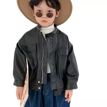 Детская одежда, детская кожаная куртка, весенне-осенняя мотоциклетная куртка с воротником-стойкой для мальчиков и девочек 90 чёрный