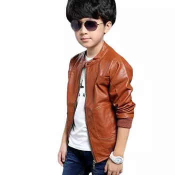 Детская одежда, детская кожаная куртка, весенне-осенняя мотоциклетная куртка с воротником-стойкой для мальчиков 100 чёрный
