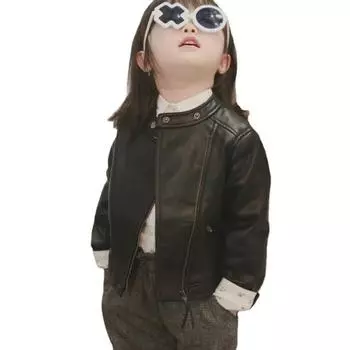 Детская одежда, детская кожаная мотоциклетная куртка с воротником-стойкой на весну и осень для мальчиков и девочек 100 чёрный