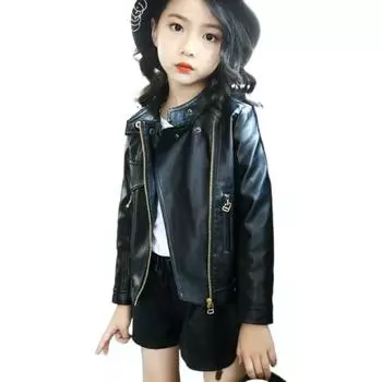 Детская одежда, детская кожаная мотоциклетная куртка с воротником-стойкой на весну и осень для мальчиков и девочек 110 чёрный