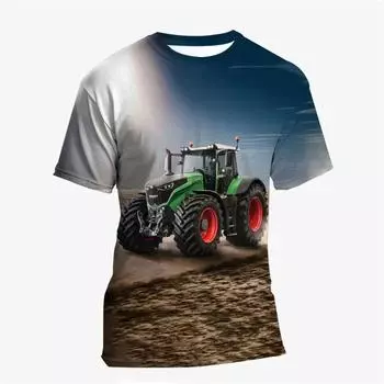 Детская одежда Детская одежда Футболка с принтом трактора для малышей с короткими рукавами Модные футболки с круглым вырезом 2024 Детская летняя одежда 100