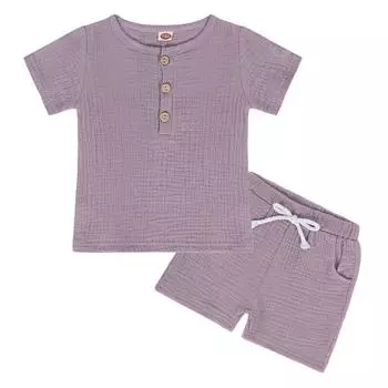 Детская одежда. Детская разноцветная хлопковая льняная футболка с короткими рукавами и шортами на пуговицах. Детская домашняя одежда. 2T(90cm) зелёный