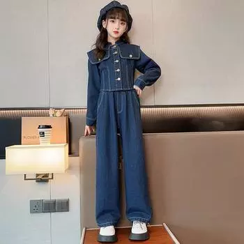 Детская одежда Детская весенняя одежда Костюм для подростков Пальто для девочек Кардиган Джинсы Комплект из двух предметов из денима с большими лацканами 170